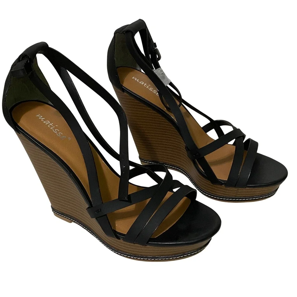 Matisse Joss Black Leather Strappy Platform Wedge Sandals Womens 9M Boho Chic
